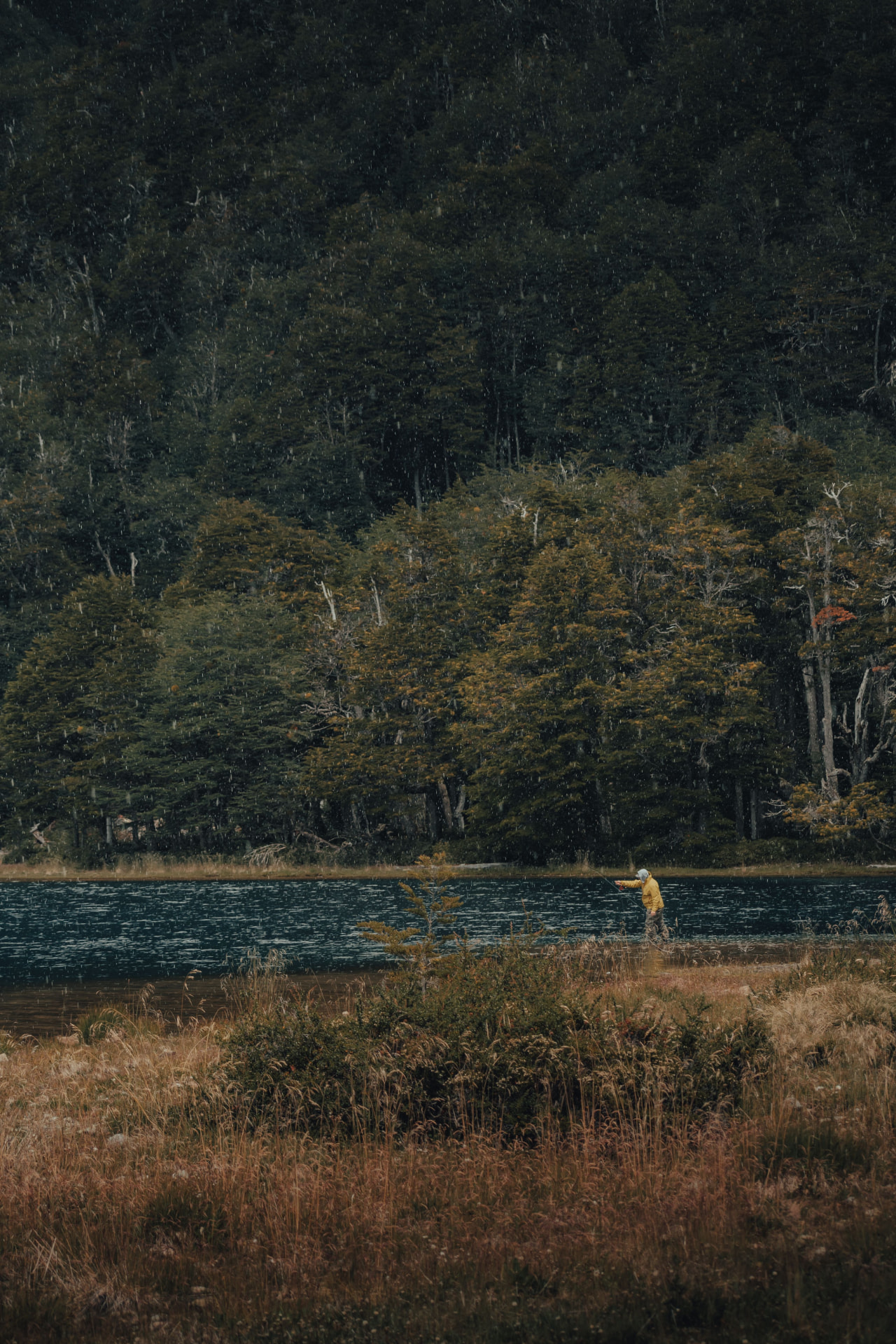 Angler by a dark Nordic lake in the rain